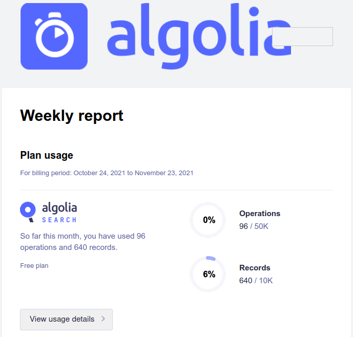 Screenshot of Algolia weekly report email